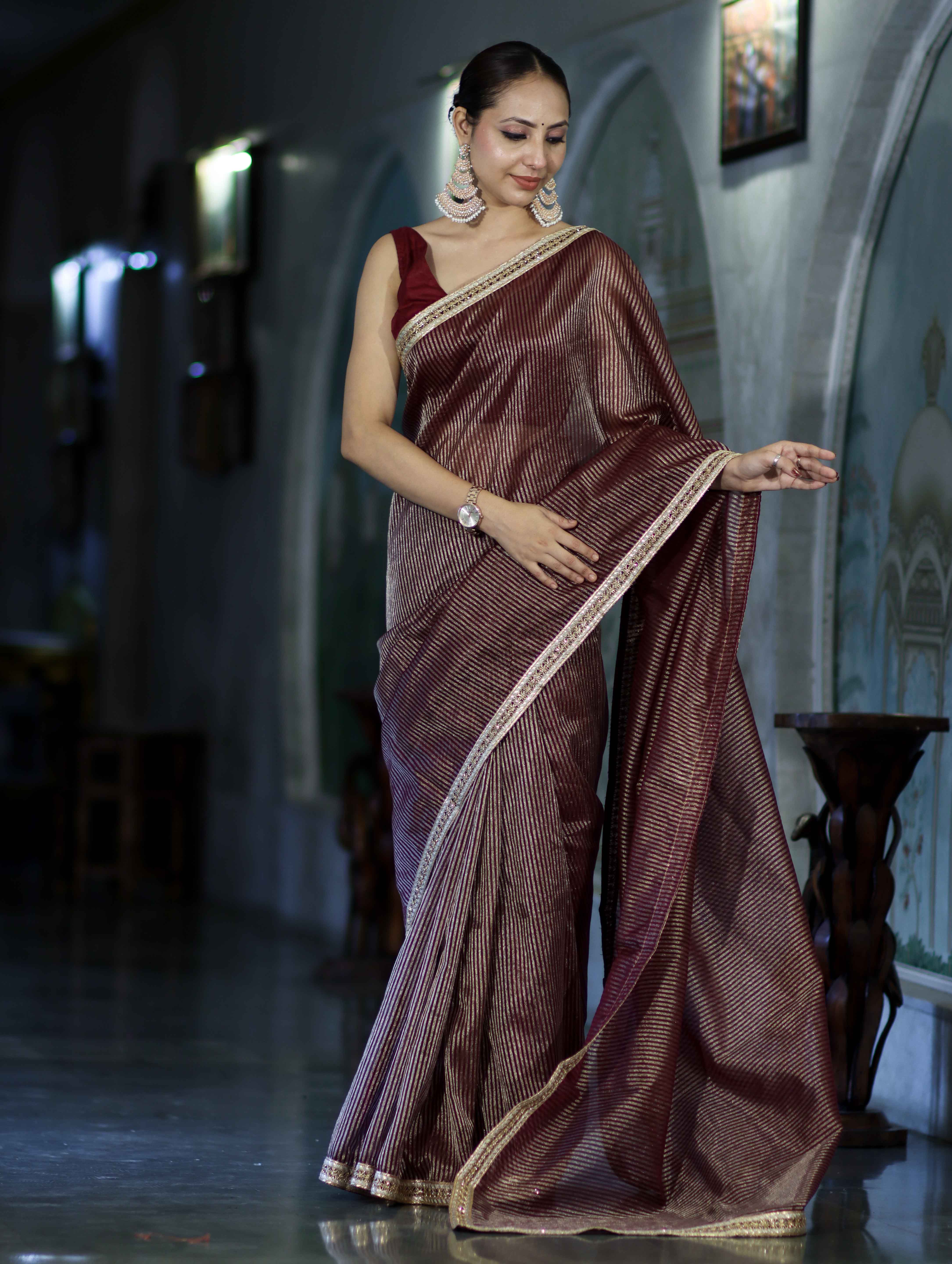 Banarasee Handloom Soft Tissue Saree With Stripe Pattern & Lace Border-Burgundy