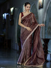 Banarasee Handloom Soft Tissue Saree With Stripe Pattern & Lace Border-Burgundy