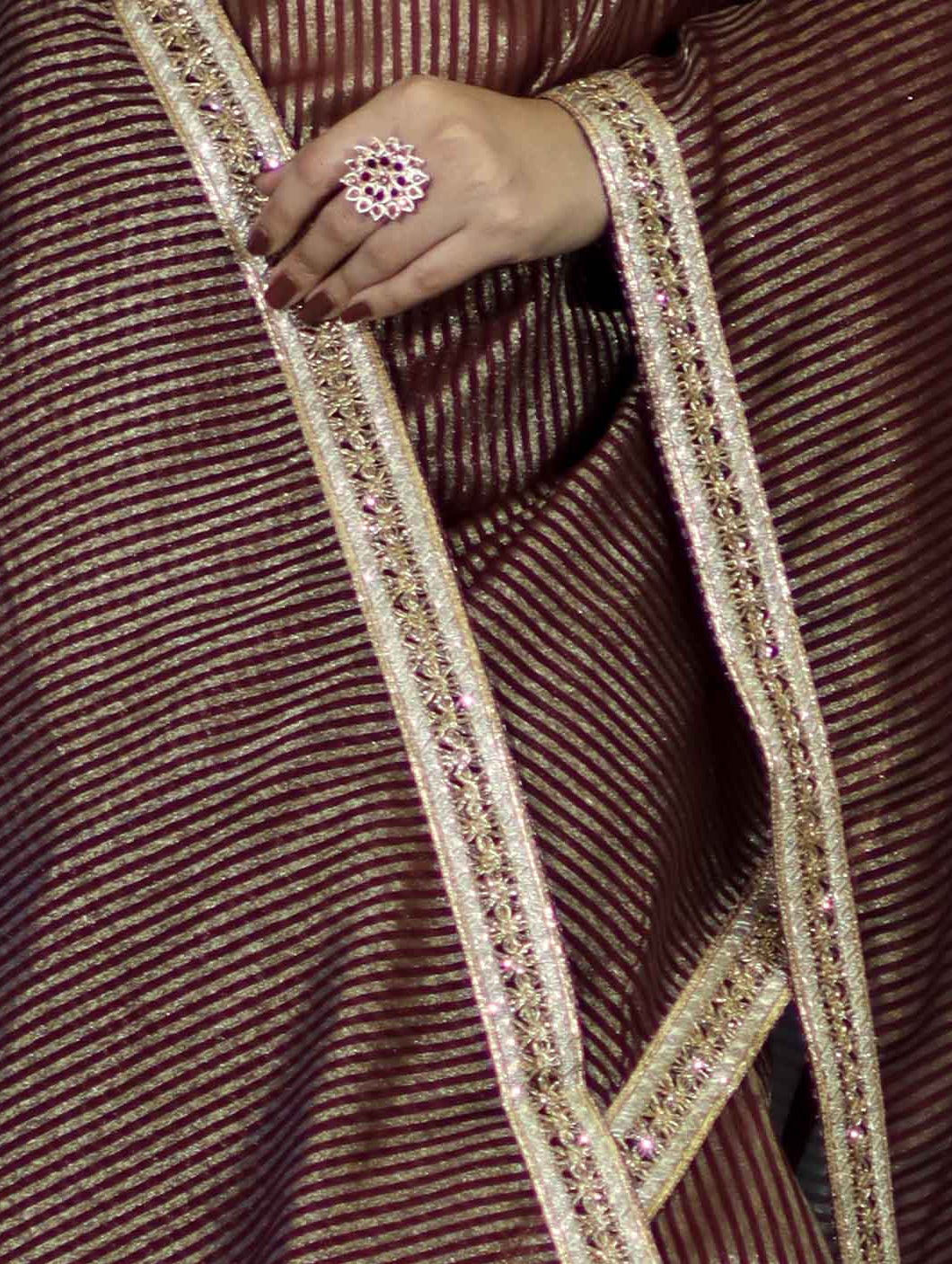 Banarasee Handloom Soft Tissue Saree With Stripe Pattern & Lace Border-Burgundy