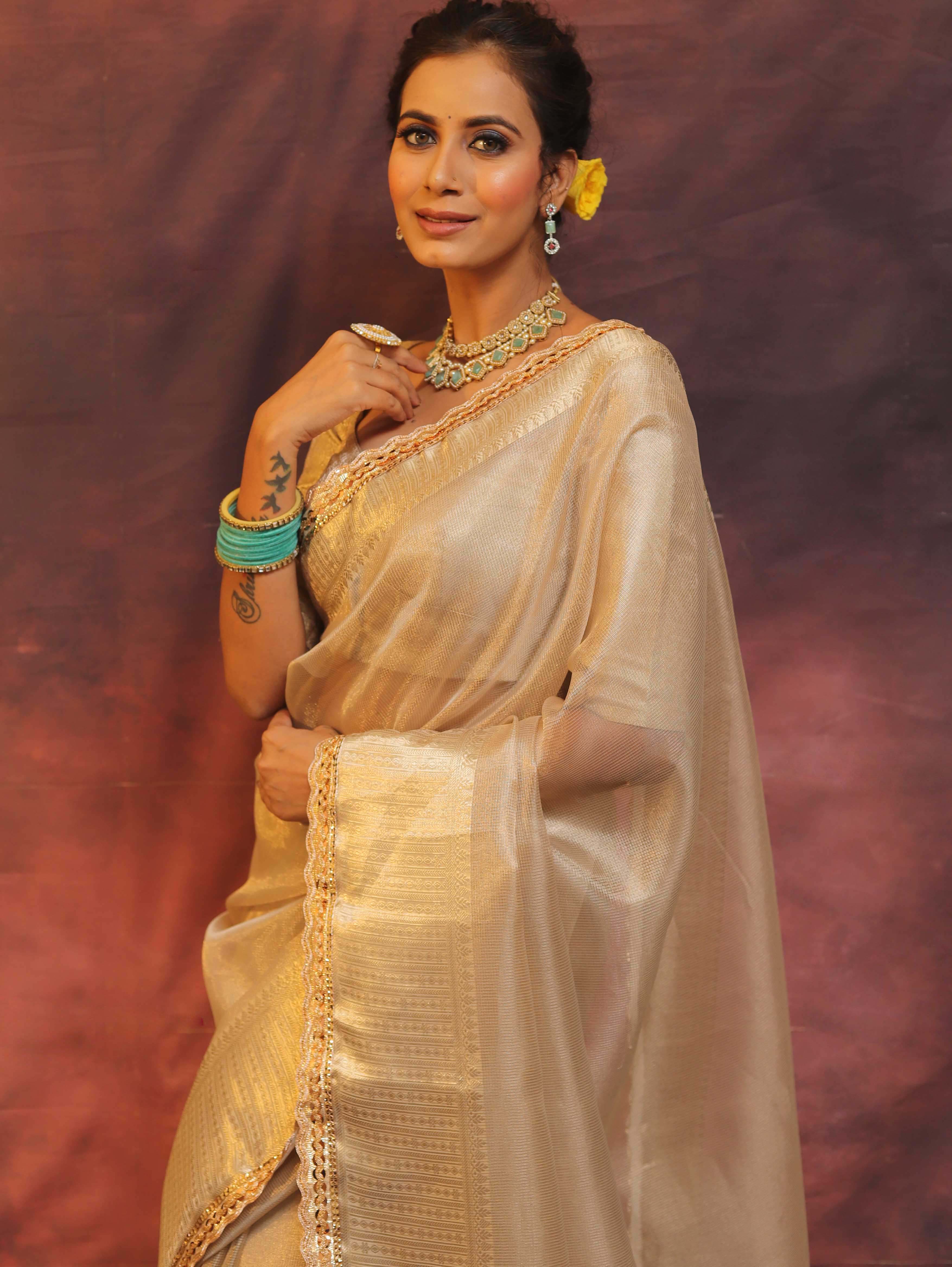 Banarasee Handwoven Plain Tissue Saree Zari Border With Lace-Silver