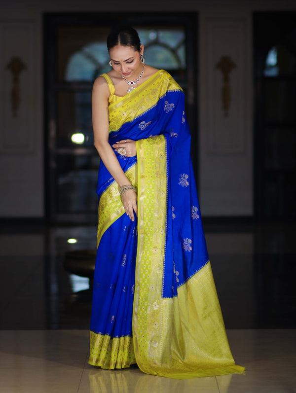 Banarasee Handloom Semi Silk Saree With Sona Rupa Zari Buti Design & Contrast Border-Blue & Yellow