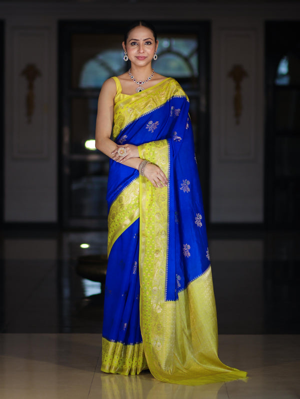 Banarasee Handloom Semi Silk Saree With Sona Rupa Zari Buti Design & Contrast Border-Blue & Yellow