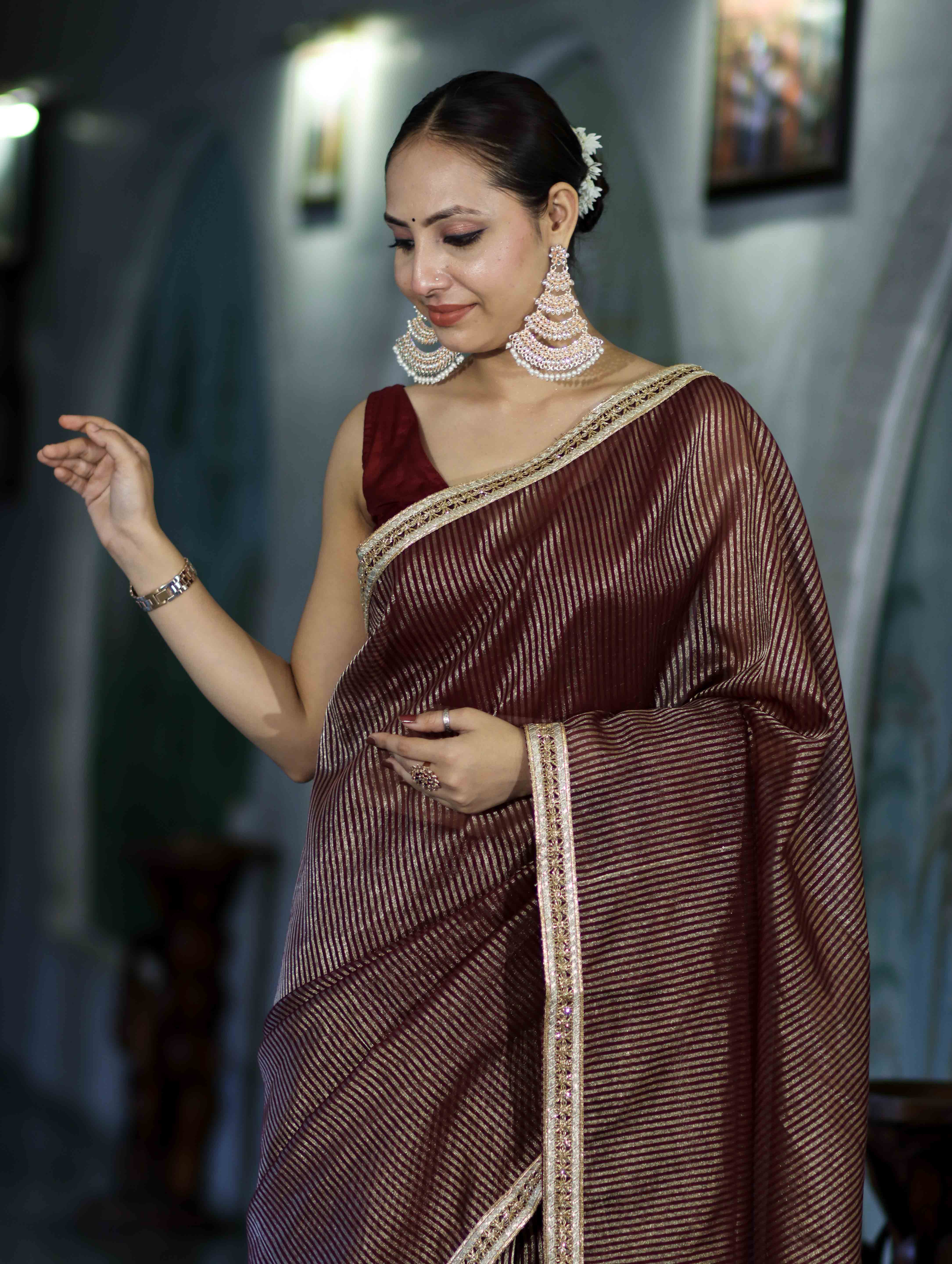 Banarasee Handloom Soft Tissue Saree With Stripe Pattern & Lace Border-Burgundy