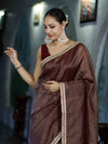 Banarasee Handloom Soft Tissue Saree With Stripe Pattern & Lace Border-Burgundy