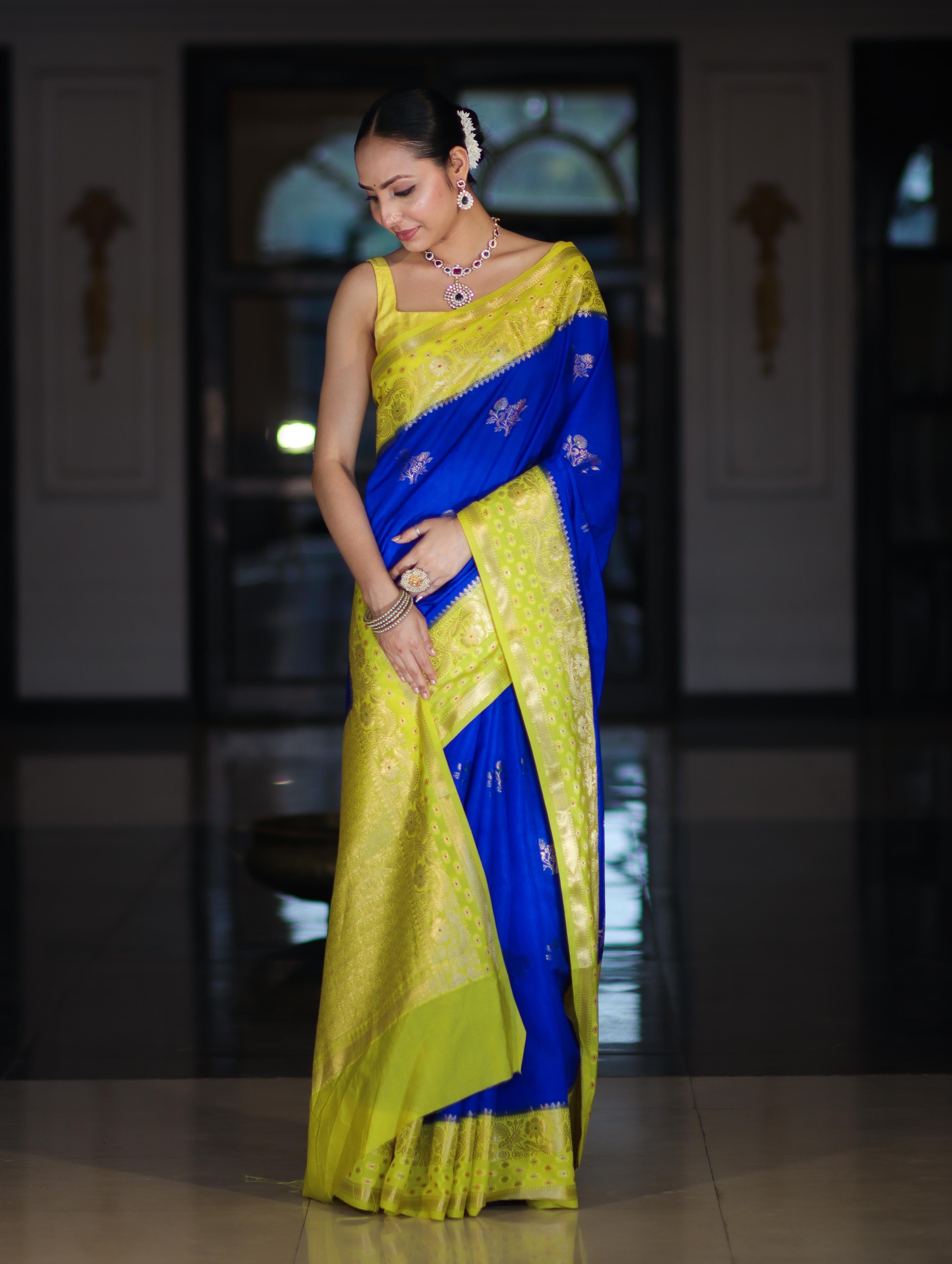 Banarasee Handloom Semi Silk Saree With Sona Rupa Zari Buti Design & Contrast Border-Blue & Yellow