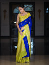 Banarasee Handloom Semi Silk Saree With Sona Rupa Zari Buti Design & Contrast Border-Blue & Yellow