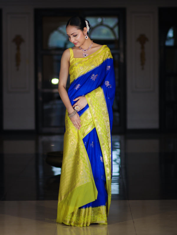 Banarasee Handloom Semi Silk Saree With Sona Rupa Zari Buti Design & Contrast Border-Blue & Yellow