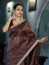 Banarasee Handloom Soft Tissue Saree With Stripe Pattern & Lace Border-Burgundy