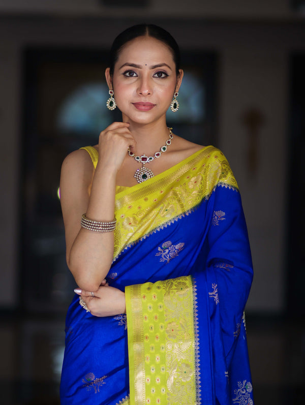 Banarasee Handloom Semi Silk Saree With Sona Rupa Zari Buti Design & Contrast Border-Blue & Yellow