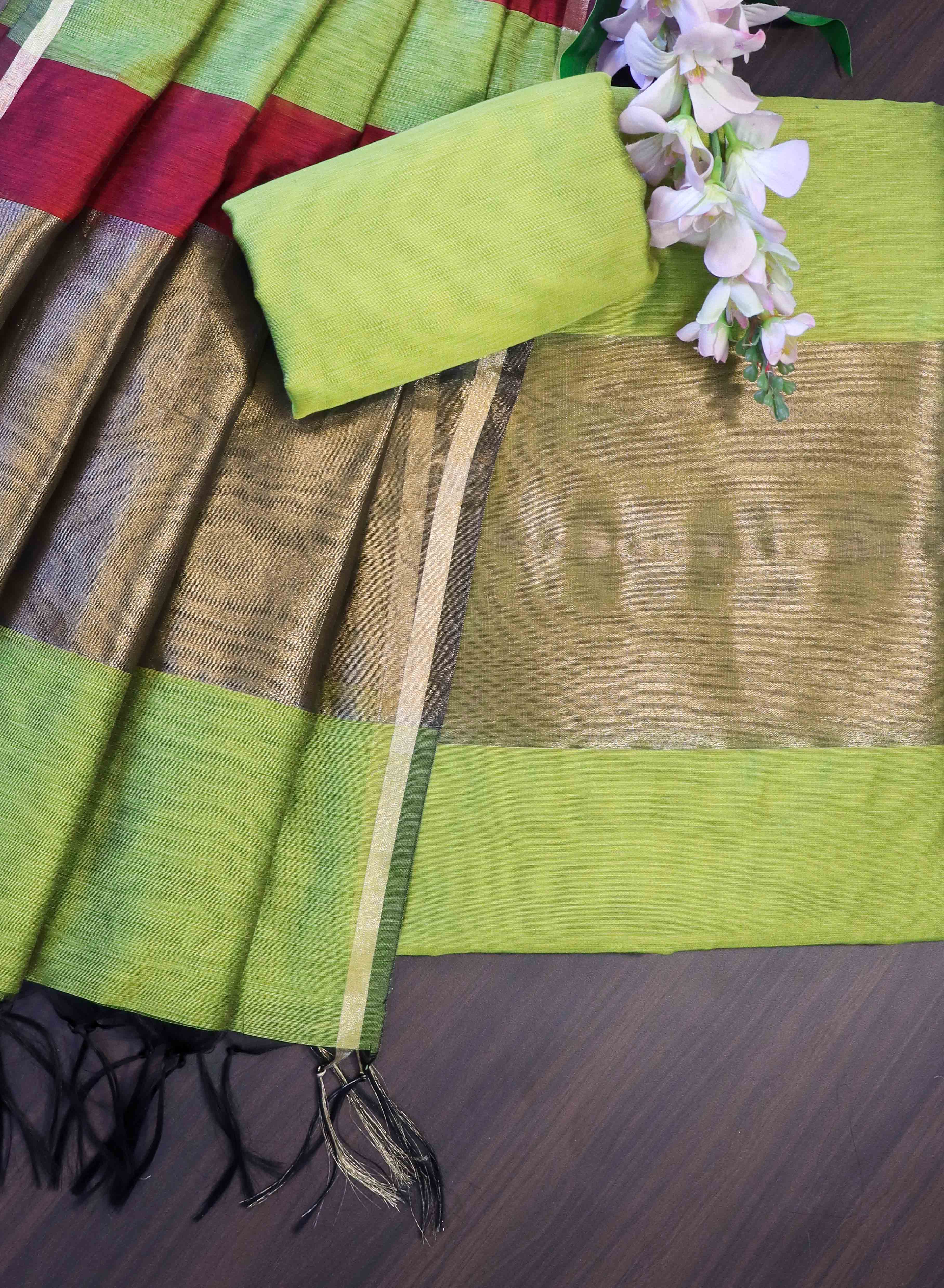Banarasee Cotton Silk Stripe Pattern Salwar Kameez Fabric With Dupatta Set-Lime Green