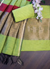 Banarasee Cotton Silk Stripe Pattern Salwar Kameez Fabric With Dupatta Set-Lime Green
