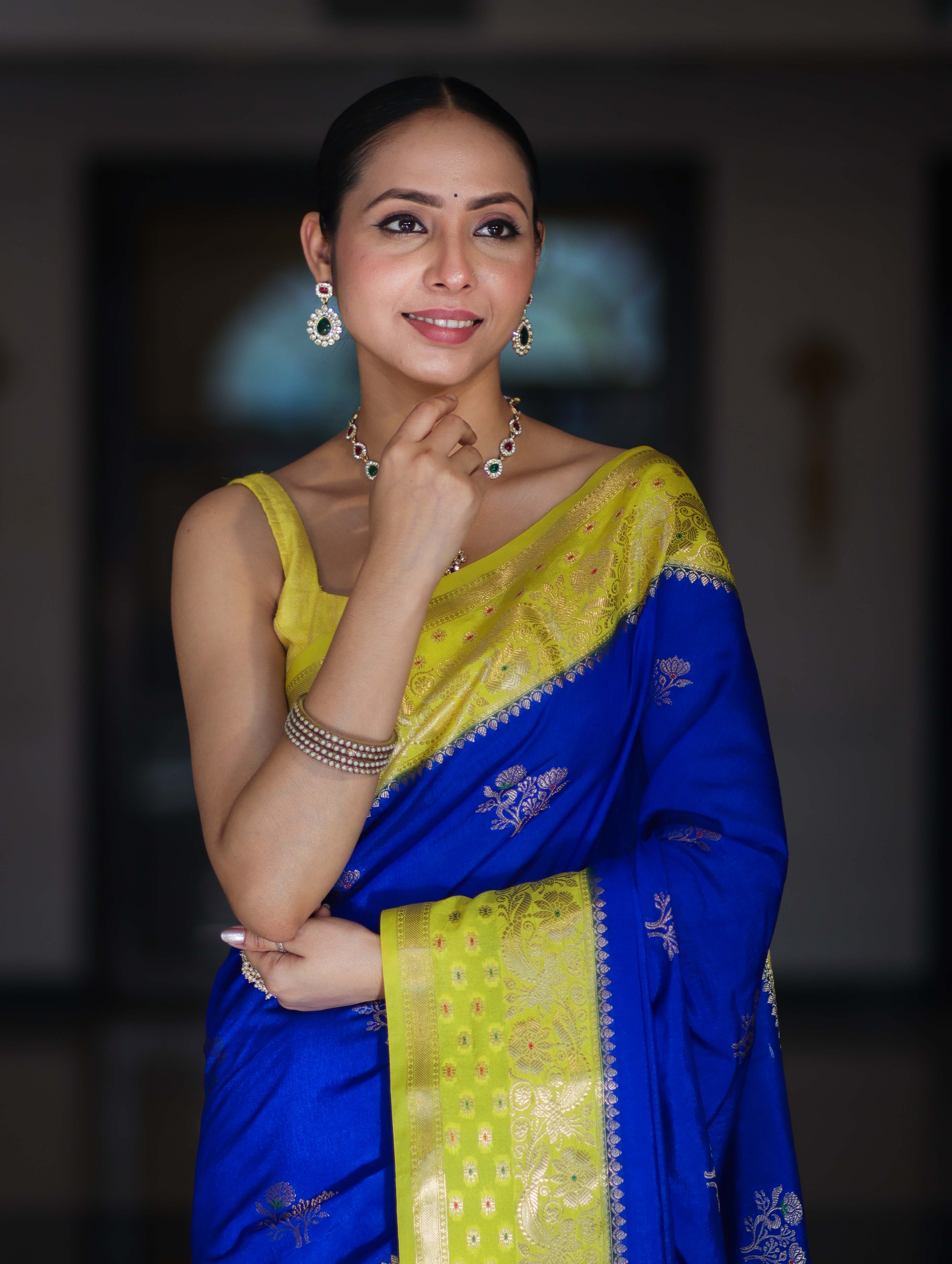 Banarasee Handloom Semi Silk Saree With Sona Rupa Zari Buti Design & Contrast Border-Blue & Yellow