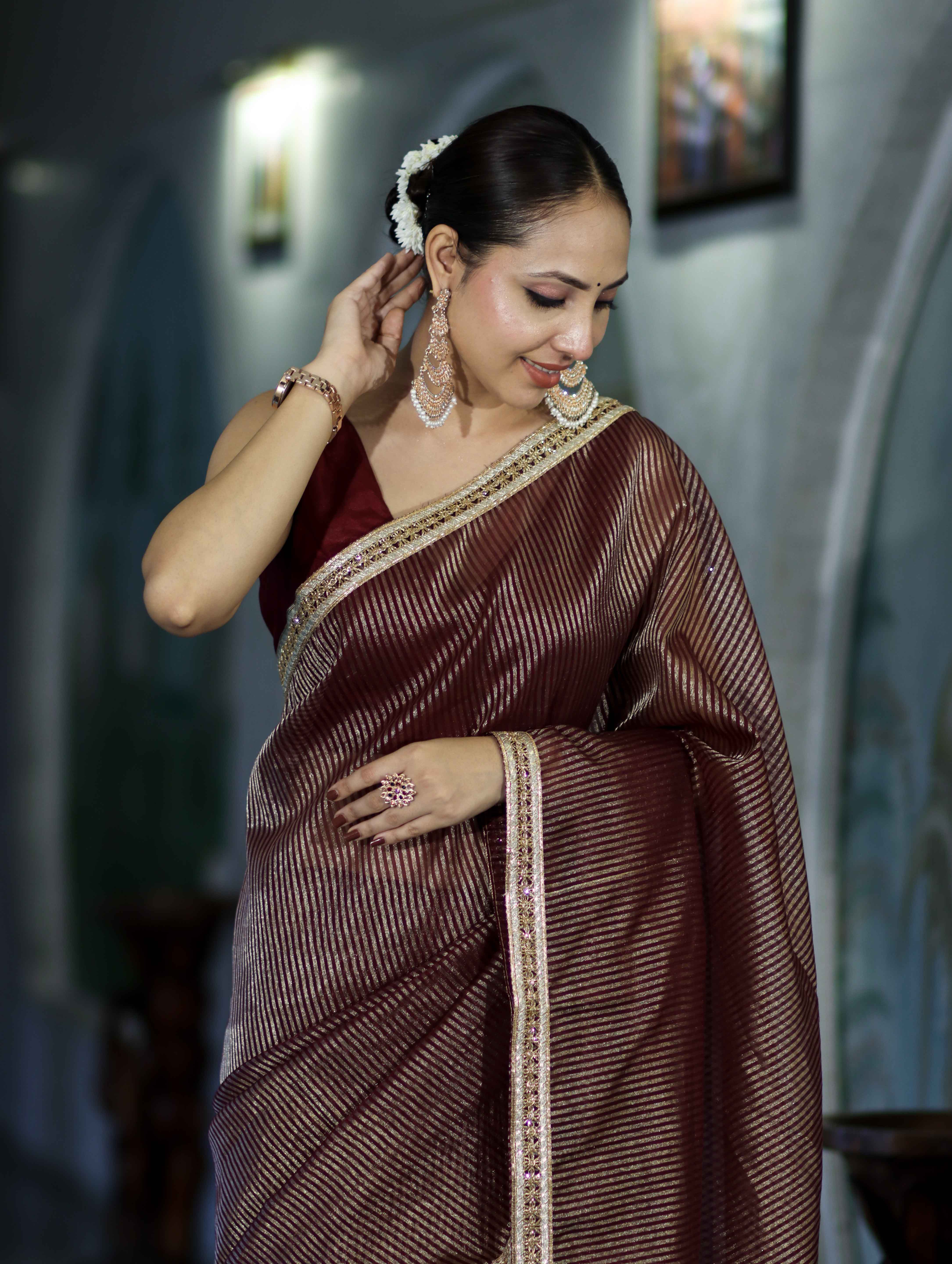 Banarasee Handloom Soft Tissue Saree With Stripe Pattern & Lace Border-Burgundy