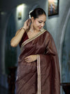 Banarasee Handloom Soft Tissue Saree With Stripe Pattern & Lace Border-Burgundy