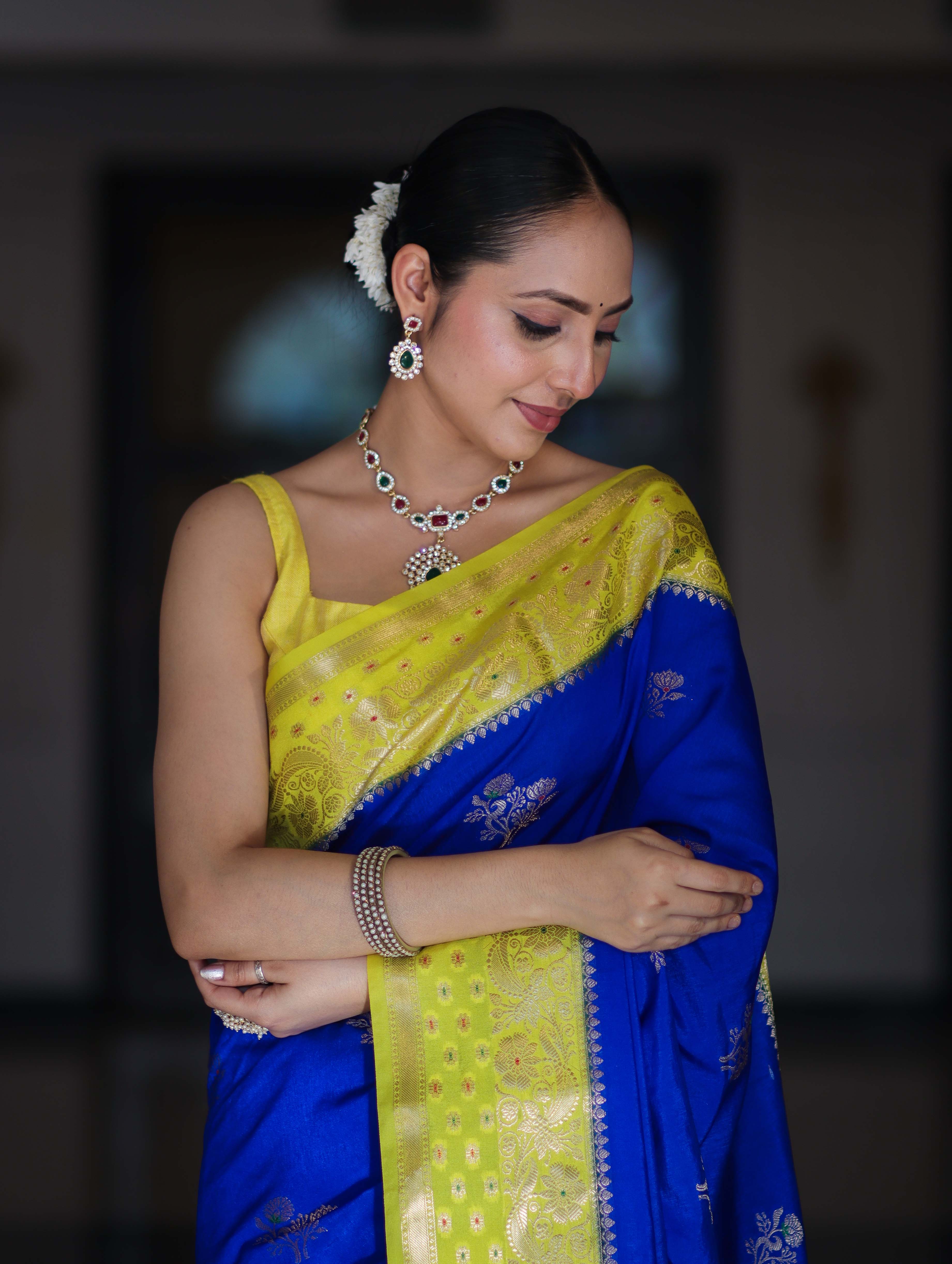 Banarasee Handloom Semi Silk Saree With Sona Rupa Zari Buti Design & Contrast Border-Blue & Yellow