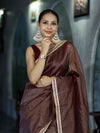 Banarasee Handloom Soft Tissue Saree With Stripe Pattern & Lace Border-Burgundy