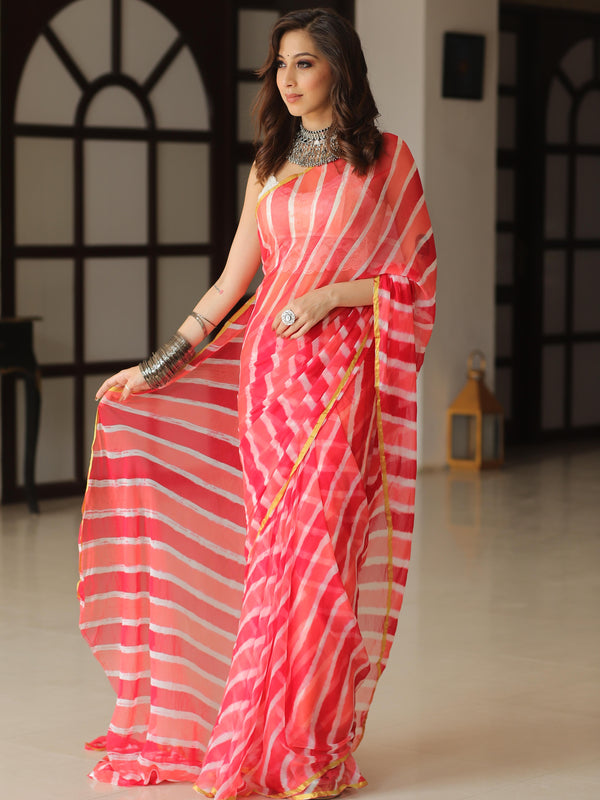 Banarasee Pure Chiffon Hand-Dyed Leheriya Saree With Gold Border-Red
