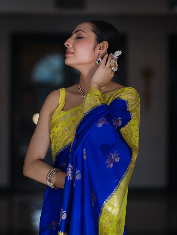 Banarasee Handloom Semi Silk Saree With Sona Rupa Zari Buti Design & Contrast Border-Blue & Yellow