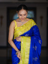 Banarasee Handloom Semi Silk Saree With Sona Rupa Zari Buti Design & Contrast Border-Blue & Yellow