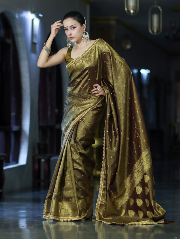 Banarasee Handloom Shimmer Silk Saree With Buti Design Floral Border & Lace-Olive Green