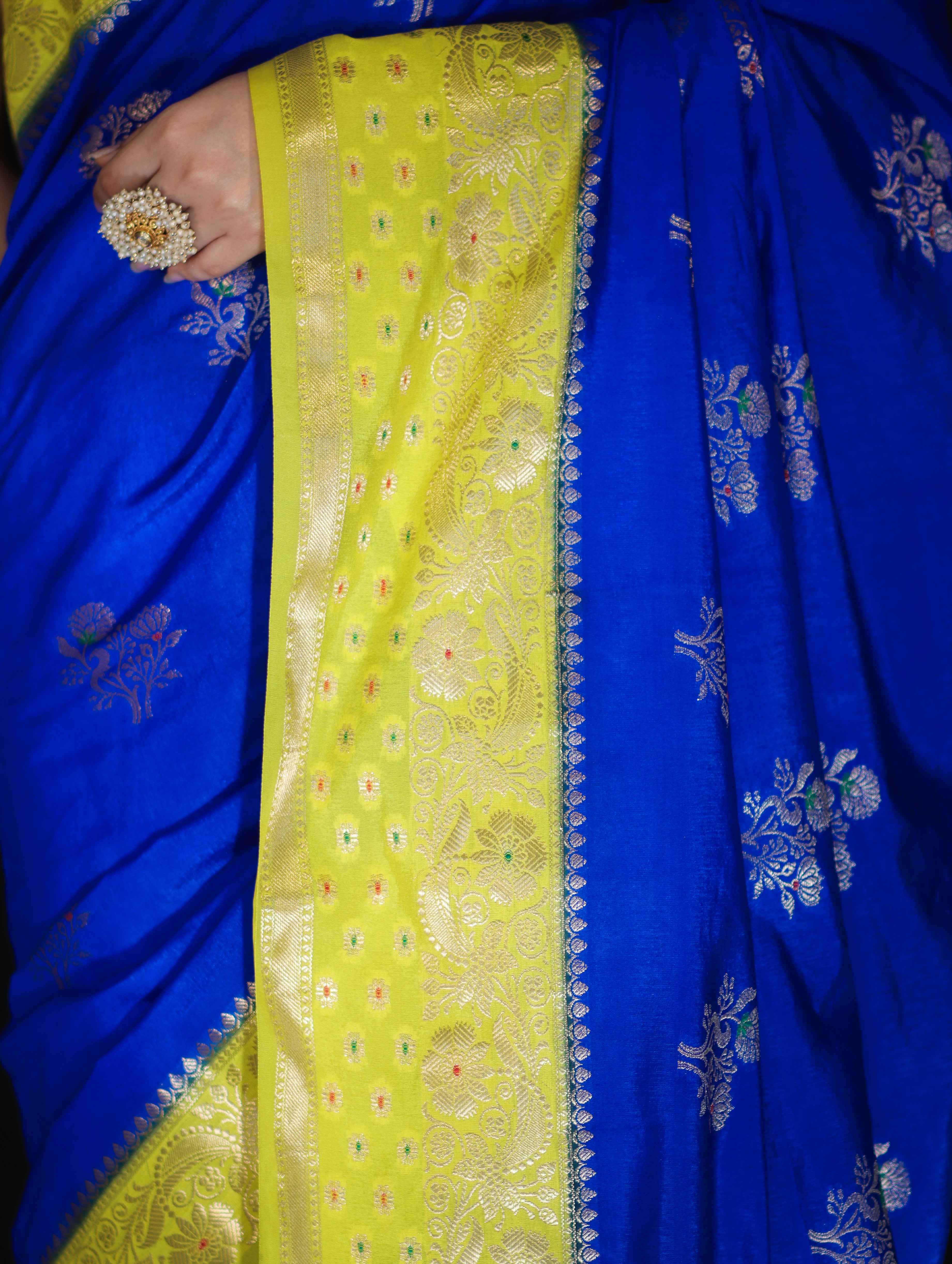 Banarasee Handloom Semi Silk Saree With Sona Rupa Zari Buti Design & Contrast Border-Blue & Yellow