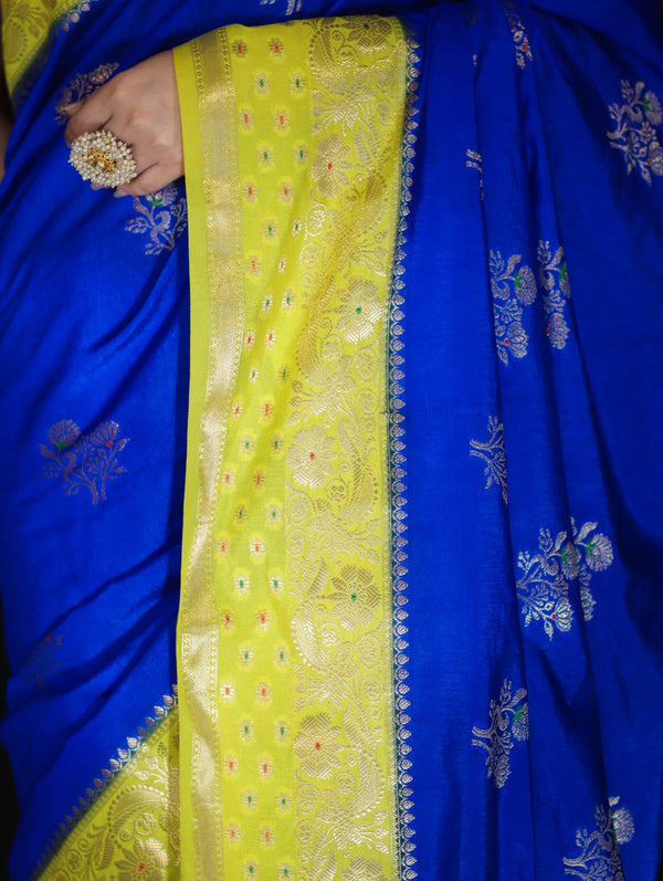 Banarasee Handloom Semi Silk Saree With Sona Rupa Zari Buti Design & Contrast Border-Blue & Yellow