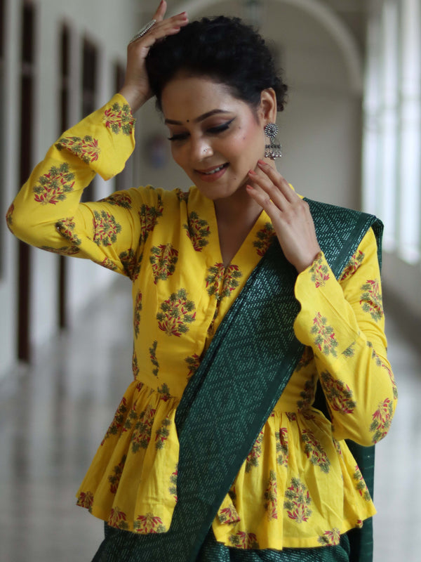 Pure Cotton Handblock Printed Blouse-Yellow