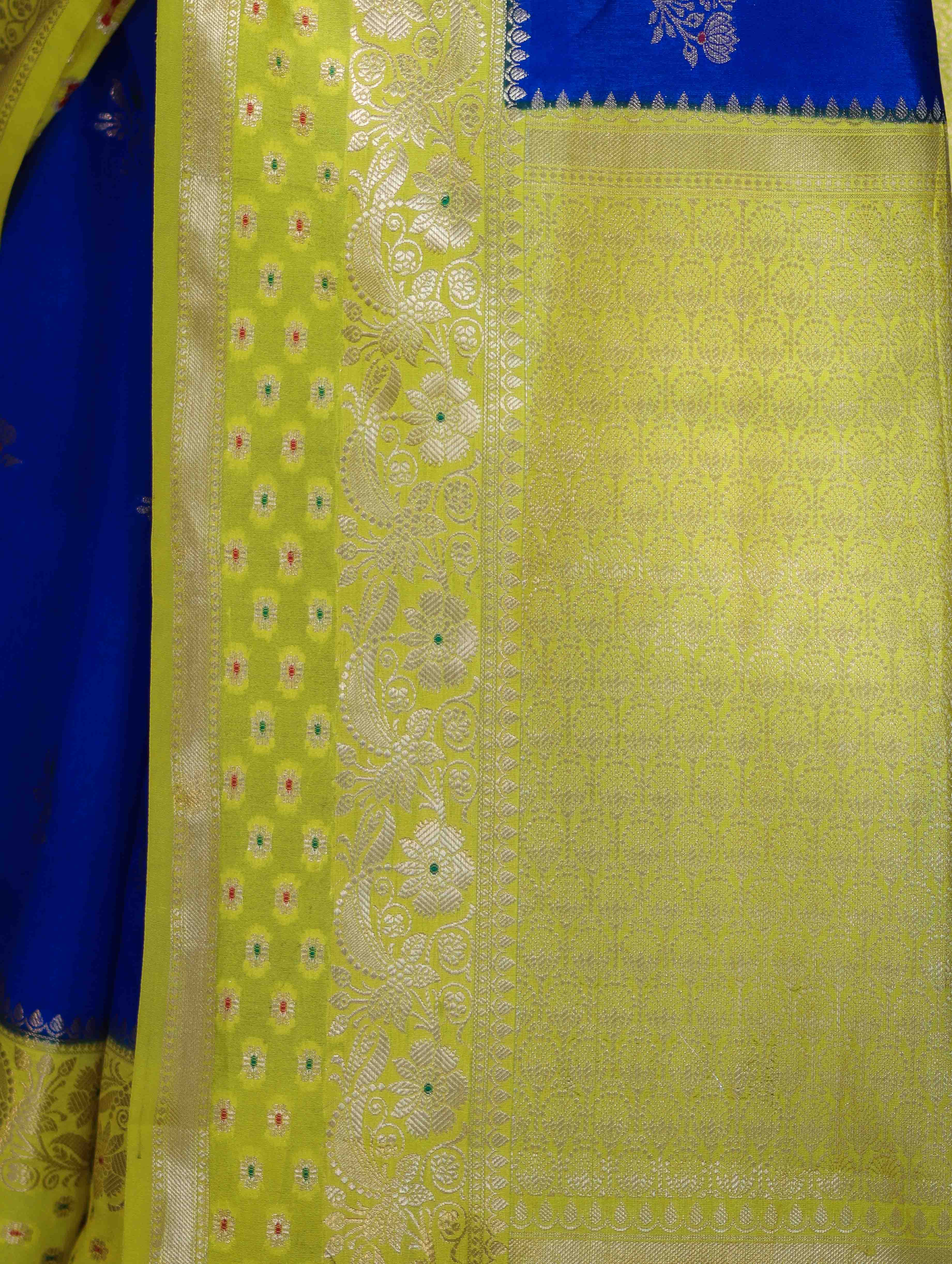 Banarasee Handloom Semi Silk Saree With Sona Rupa Zari Buti Design & Contrast Border-Blue & Yellow