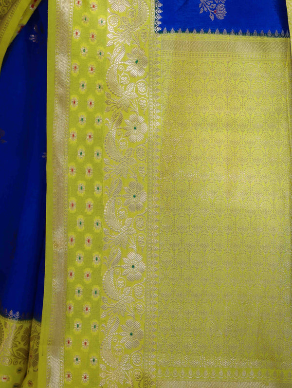 Banarasee Handloom Semi Silk Saree With Sona Rupa Zari Buti Design & Contrast Border-Blue & Yellow