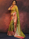 Banarasee Handwoven Crushed Tissue Saree With Contrast Border & Lace-Light Green