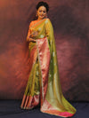 Banarasee Handwoven Crushed Tissue Saree With Contrast Border & Lace-Light Green