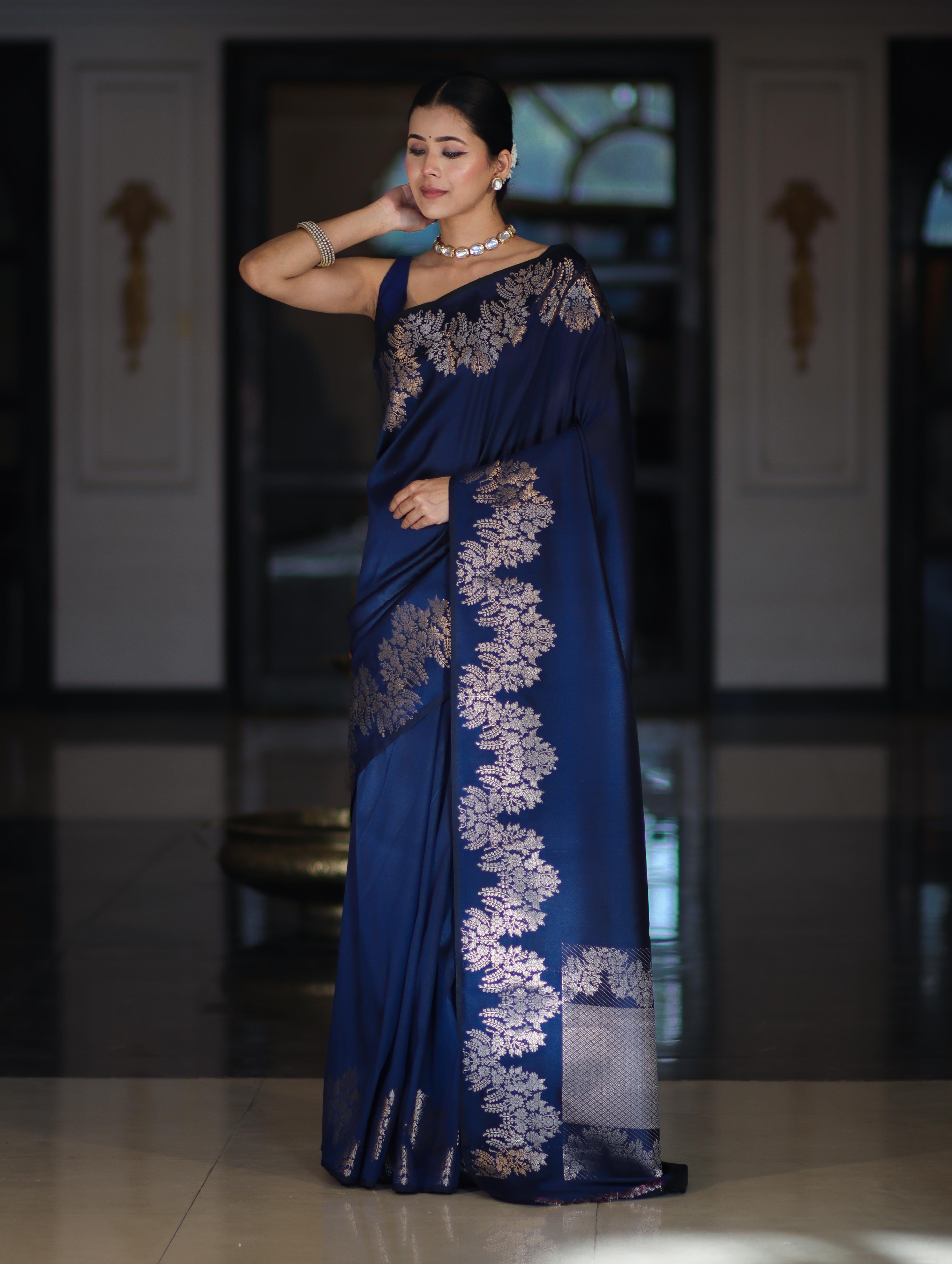 Banarasee Handloom Plain Semi Silk Saree With Zari Border-Blue