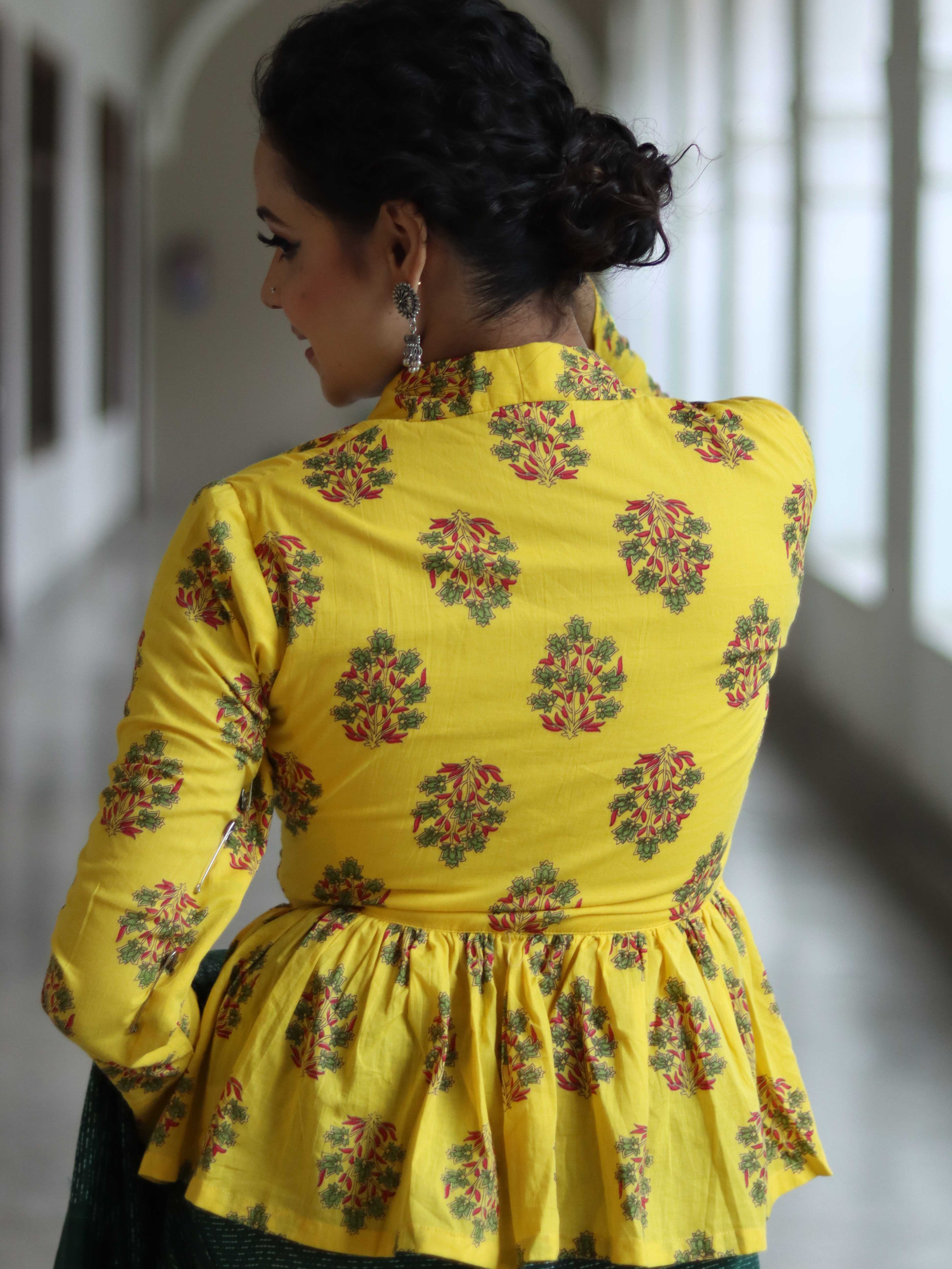 Pure Cotton Handblock Printed Blouse-Yellow