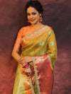 Banarasee Handwoven Crushed Tissue Saree With Contrast Border & Lace-Light Green