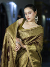 Banarasee Handloom Shimmer Silk Saree With Buti Design Floral Border & Lace-Olive Green