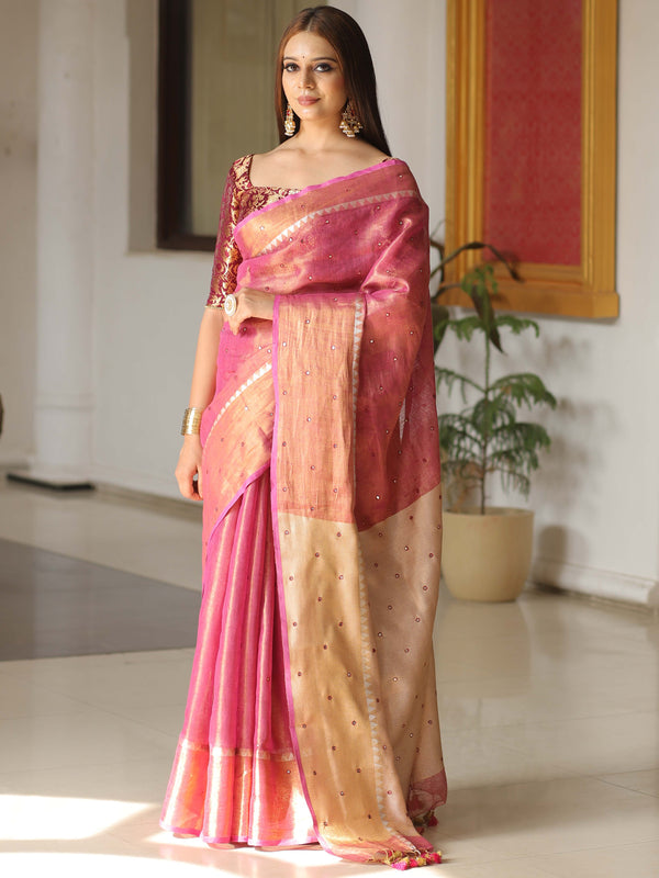 Banarasee Pure Linen By Tissue Metallic Shine Saree With Brocade Blouse-Pink