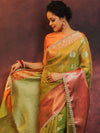Banarasee Handwoven Crushed Tissue Saree With Contrast Border & Lace-Light Green