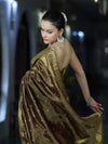 Banarasee Handloom Shimmer Silk Saree With Buti Design Floral Border & Lace-Olive Green