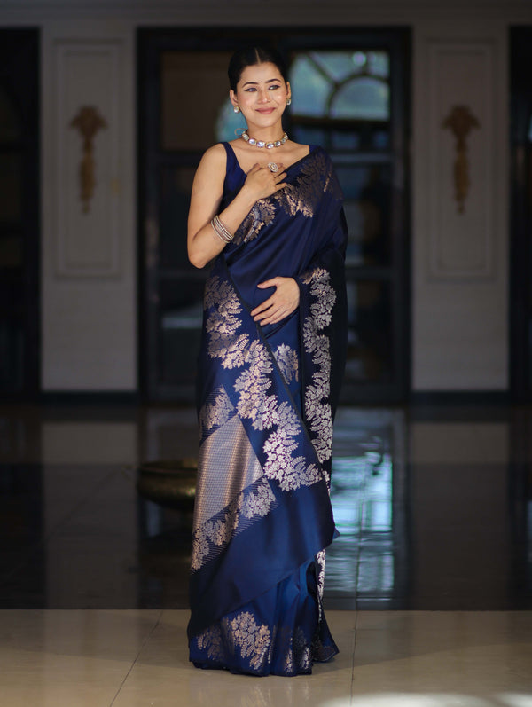 Banarasee Handloom Plain Semi Silk Saree With Zari Border-Blue