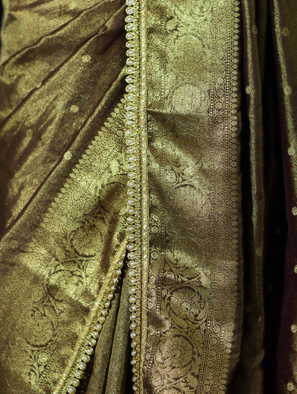 Banarasee Handloom Shimmer Silk Saree With Buti Design Floral Border & Lace-Olive Green