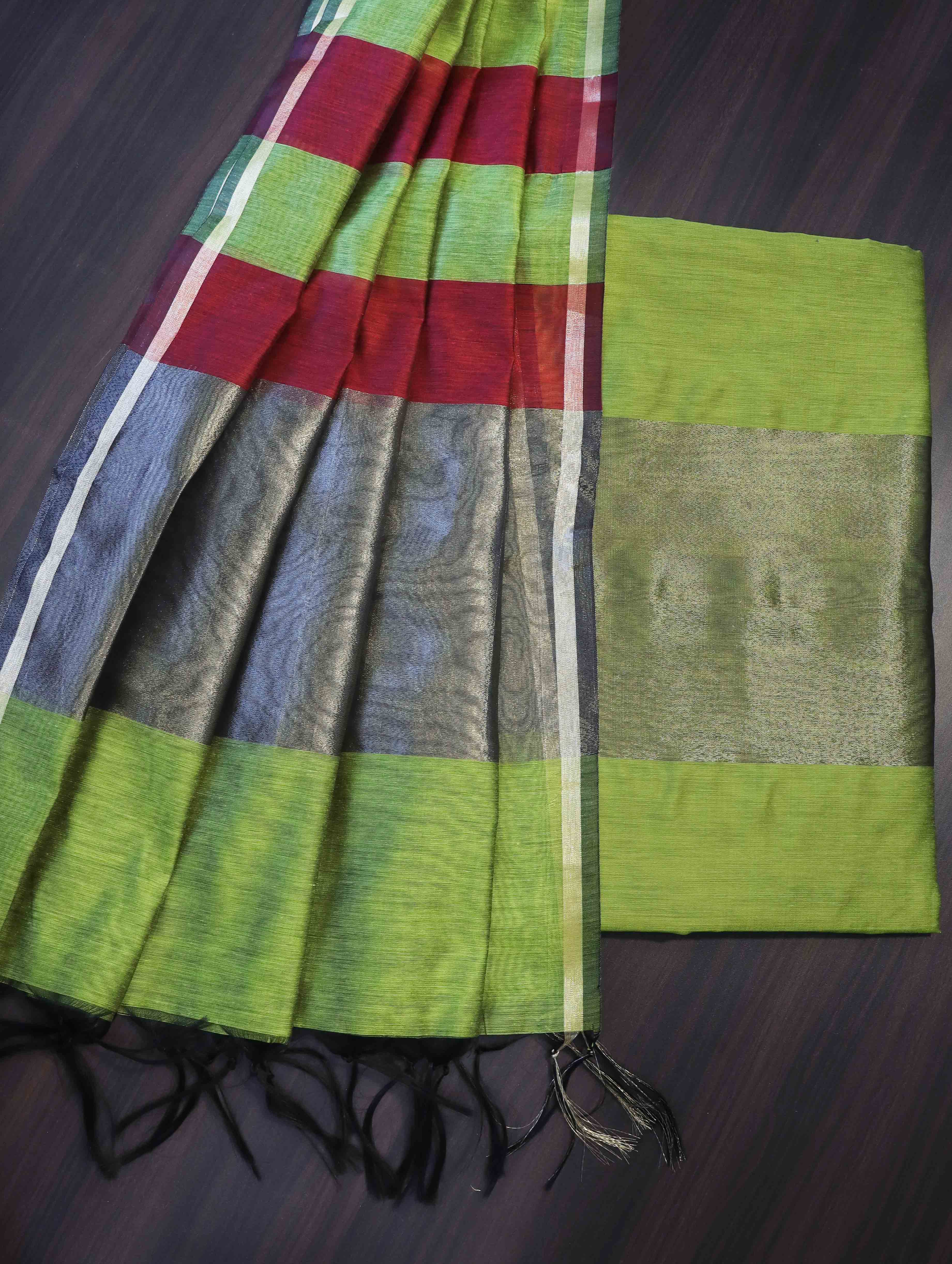 Banarasee Cotton Silk Stripe Pattern Salwar Kameez Fabric With Dupatta Set-Lime Green
