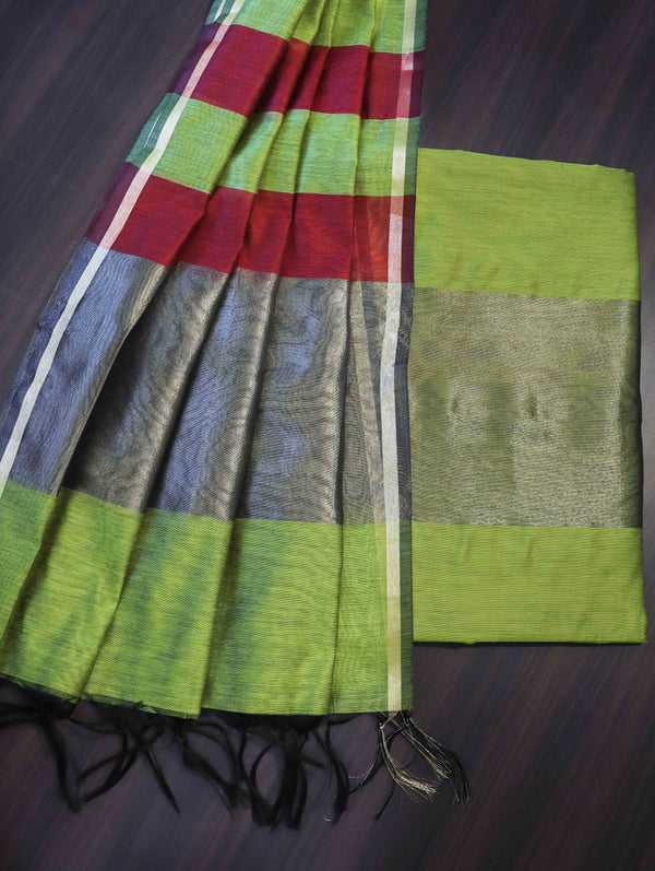 Banarasee Cotton Silk Stripe Pattern Salwar Kameez Fabric With Dupatta Set-Lime Green