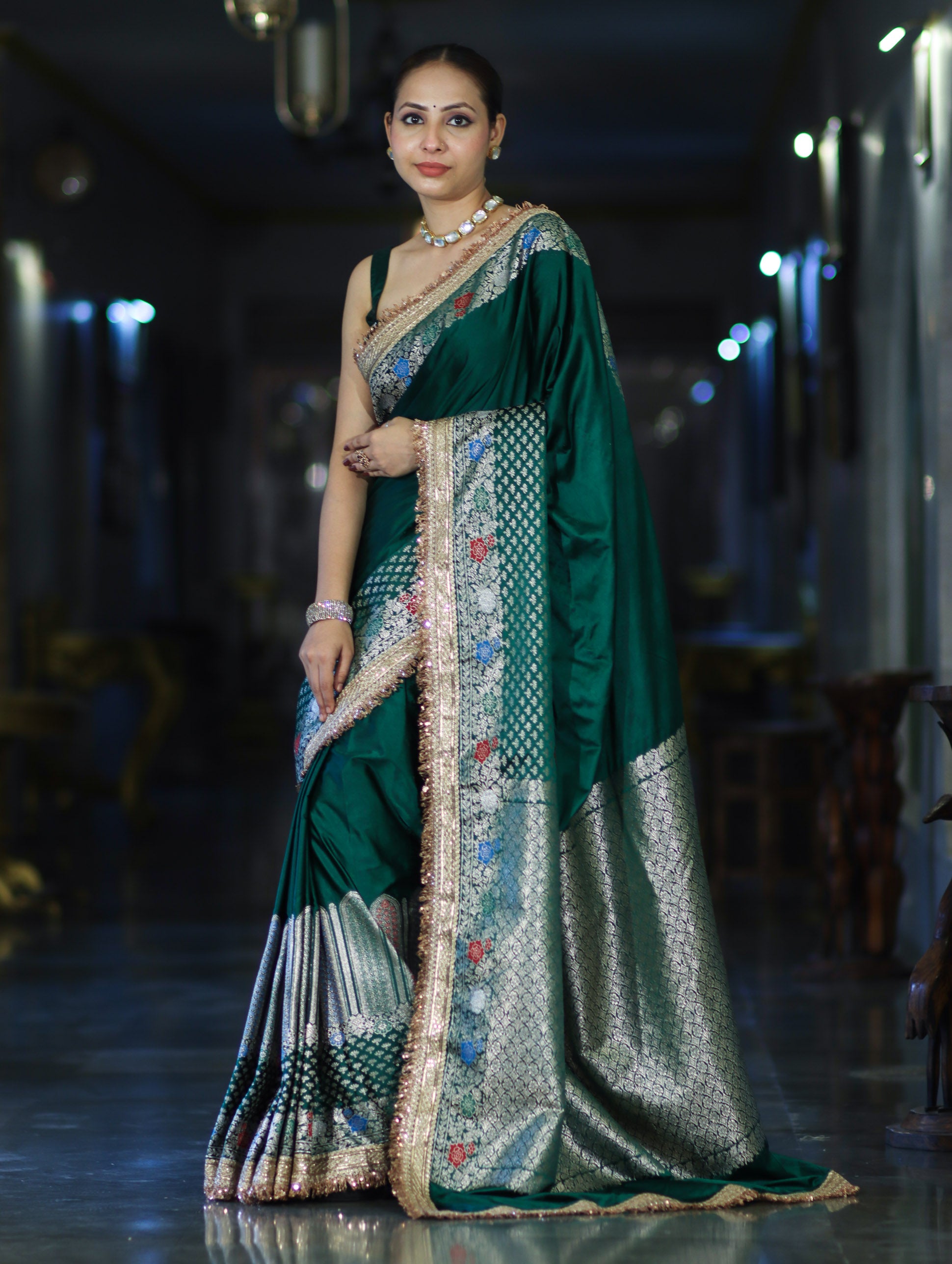 Banarasee Handloom Mashru Silk Saree With Meenadar Skirt Border & Lace-Green