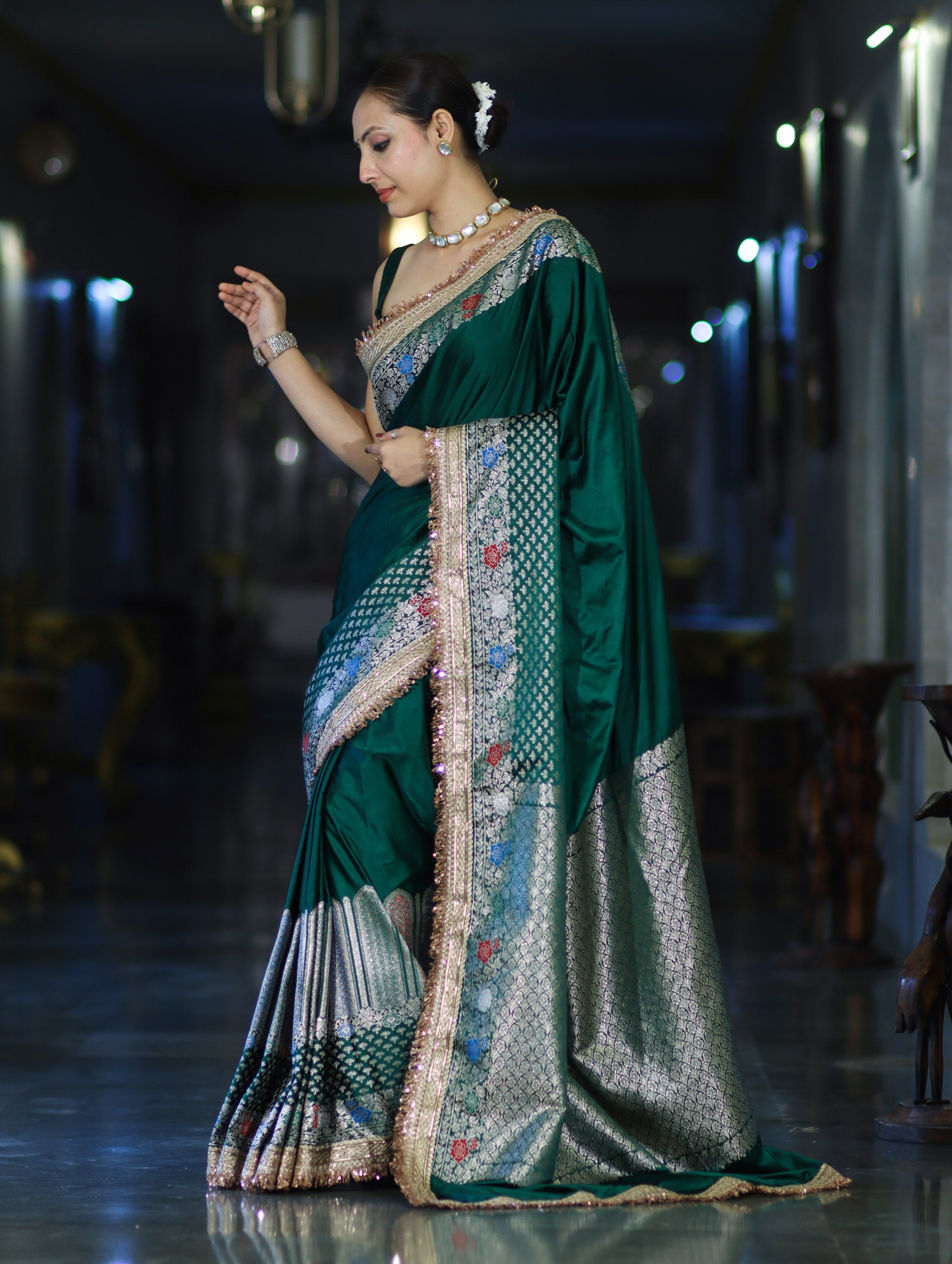Banarasee Handloom Mashru Silk Saree With Meenadar Skirt Border & Lace-Green