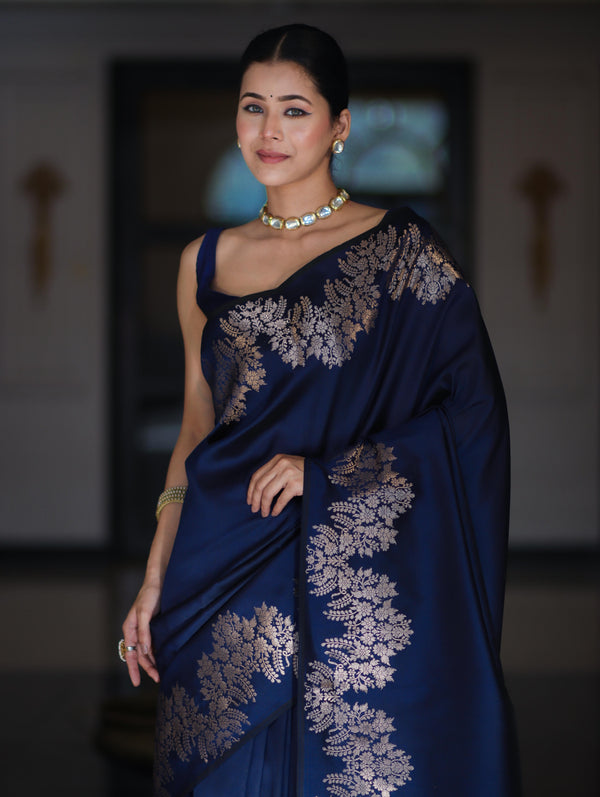 Banarasee Handloom Plain Semi Silk Saree With Zari Border-Blue