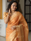 Banarasee Handwoven Plain Tissue Skirt Border Saree-Orange