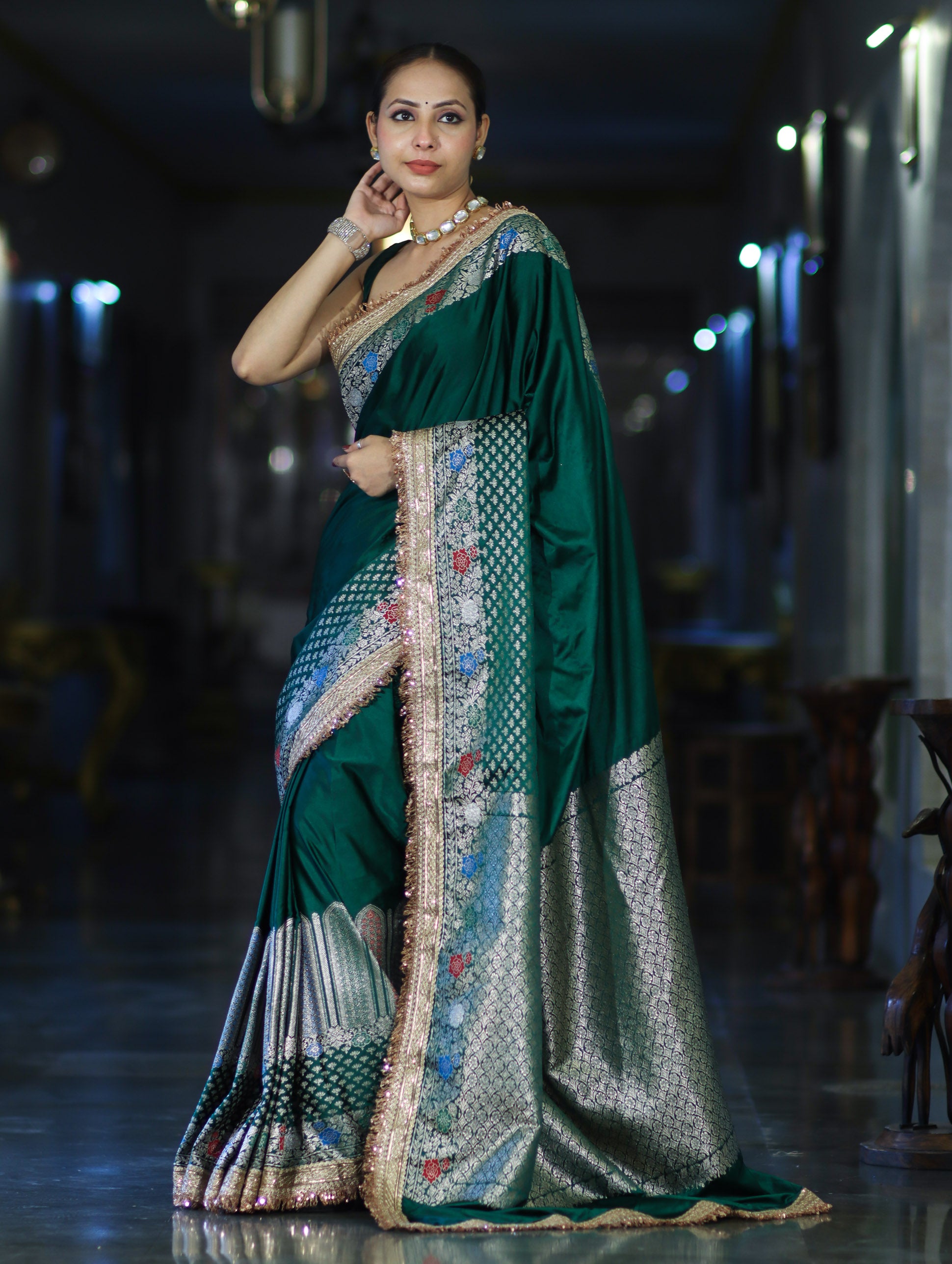 Banarasee Handloom Mashru Silk Saree With Meenadar Skirt Border & Lace-Green