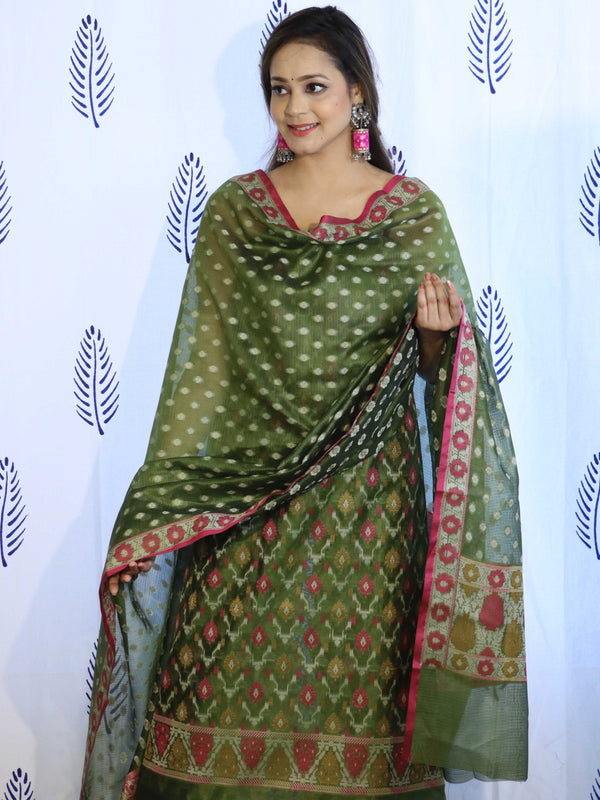 Banarasee Cotton Silk Salwar Kameez Fabric With Dupatta Set & Resham Work-Green