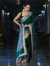 Banarasee Handloom Mashru Silk Saree With Meenadar Skirt Border & Lace-Green