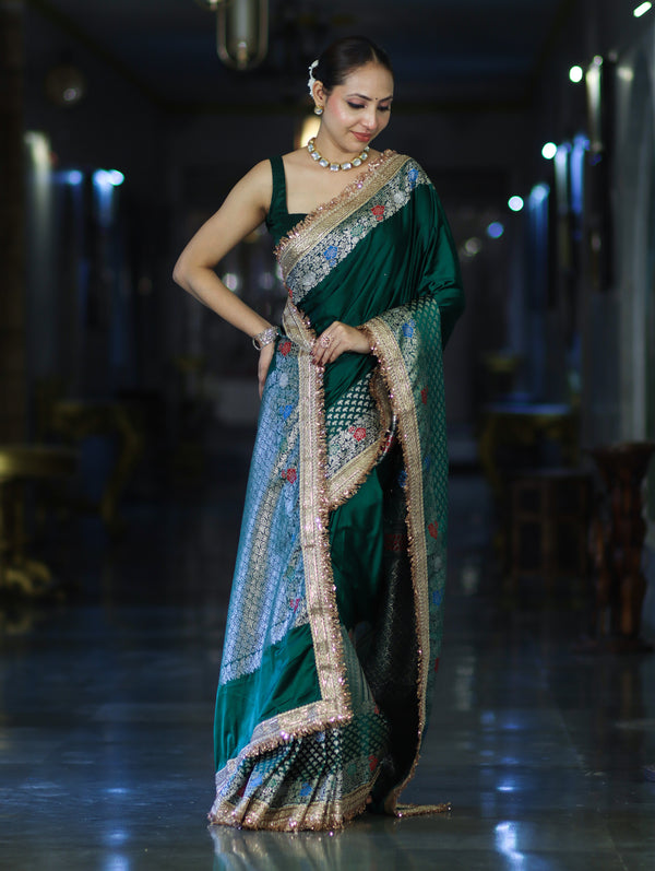 Banarasee Handloom Mashru Silk Saree With Meenadar Skirt Border & Lace-Green